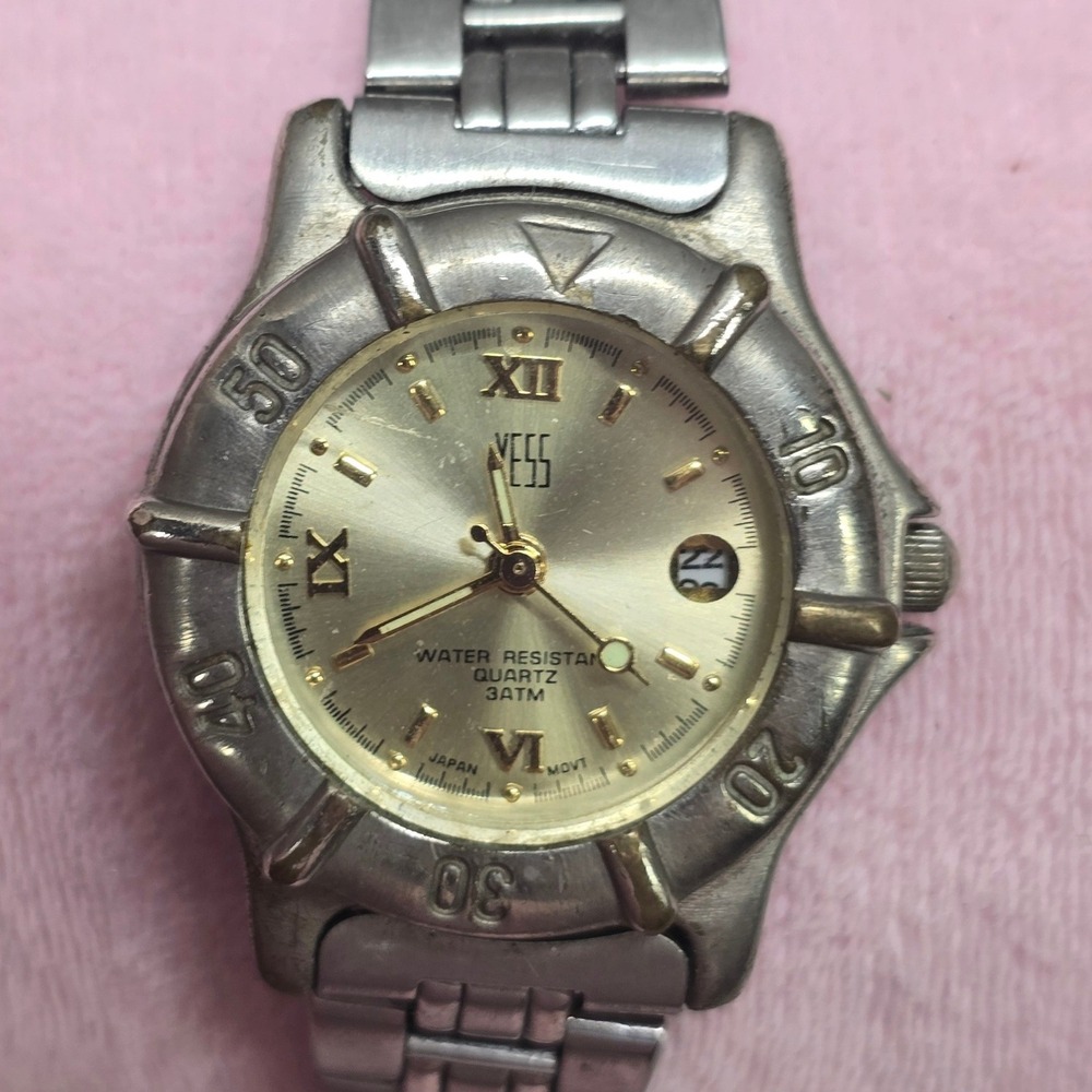 Yess Watch Eurodesign Quartz Date Gold Dial Silver Band Good Vintage Sport